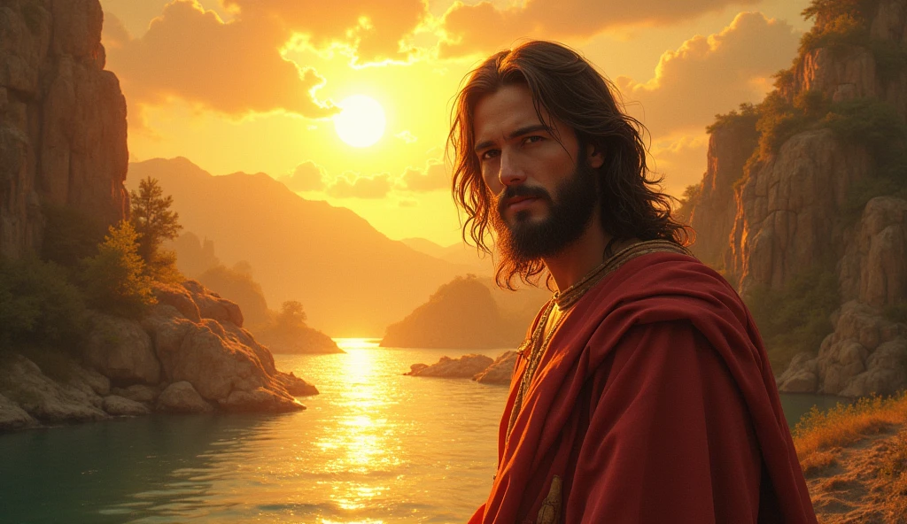 (melhor qualidade,4k,8k,Altas,master part:1.2),ultra-detalhado,(Realistic,fotorrealista,photo-realistic:1.37),jesus cristo,estilo de arte tradicional,vivid and dynamic brushstrokes,Ancient playful setting ,Charismatic expression,postura humilde,historic portrait,Noble Features,estilo de pintura de tinta e lavagem,finely detailed facial features,dynamic compositing,Paradisiacal scenery,olhar confiante,,ambiente com Luz do sol dourada iluminando a cena,aura de angelical,atmosphric perspective,Explosive lighting,Jesus blessing the river, ao por do sol