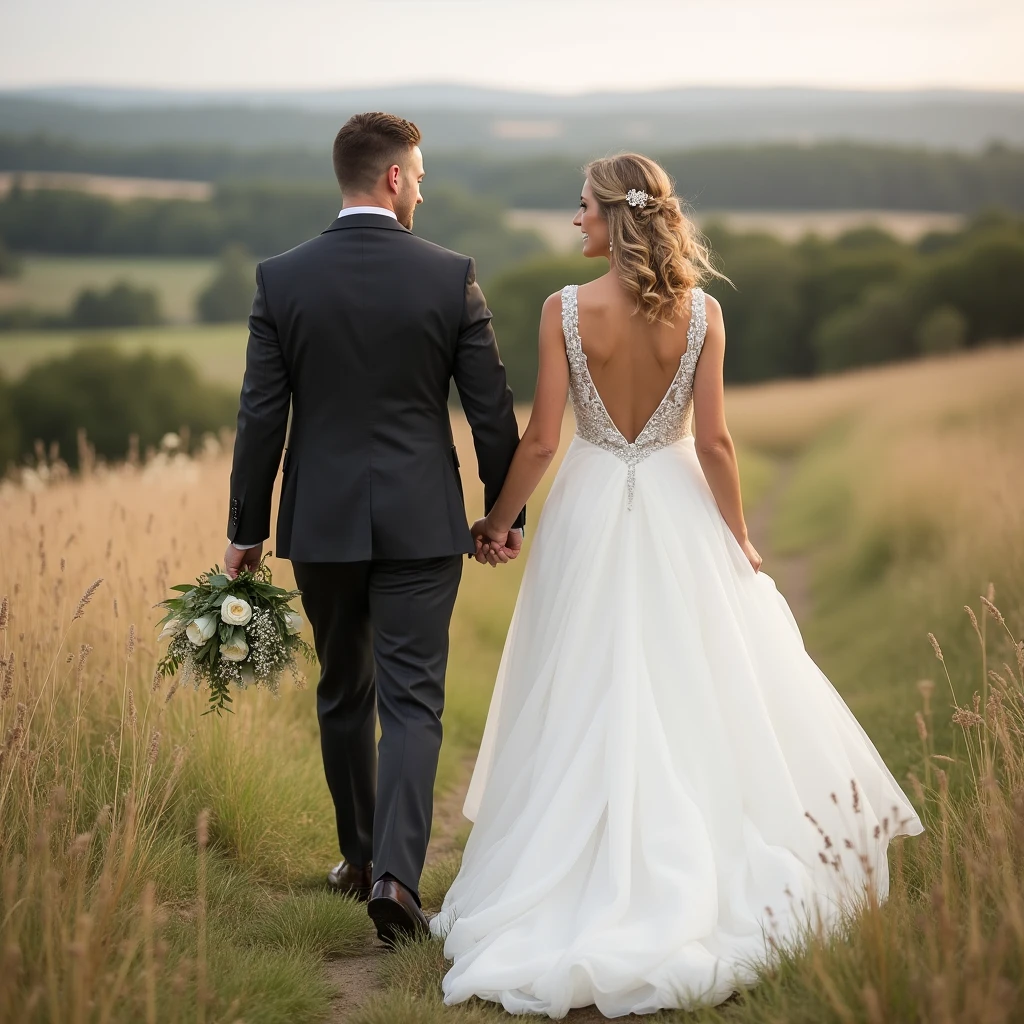 Back of Wedding couple in white gown walking holding hand