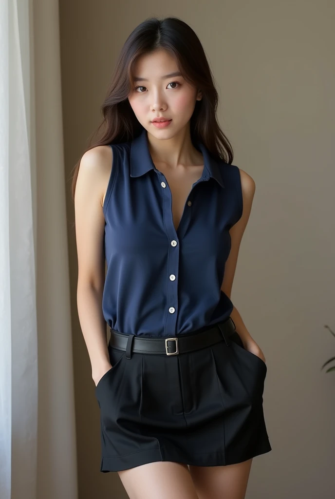 Massive tits Korean girl in navy golf shirt (sleeveless polo) shirt that’s slightly unbuttoned showing lots of cleavage and her giant tits, and black mini skirt