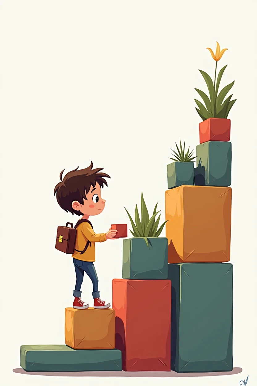 Place one of the child's feet on the next step, make the child have a cube in his hands the same size as the steps, which he is looking at, make the child have short hair, convert the cubes into separate steps, make the child have a briefcase on their back with tools, toys, and various children's things