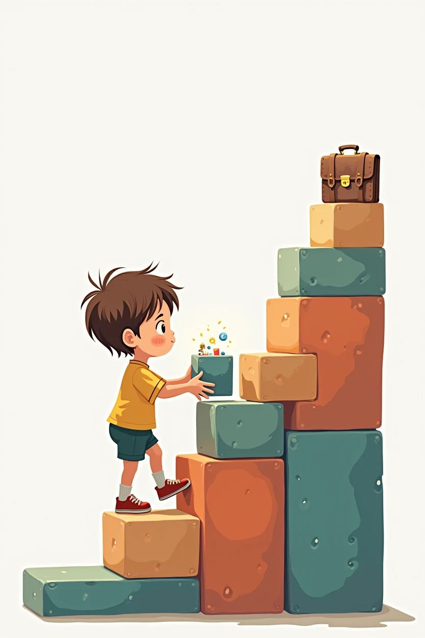 Place one of the child's feet on the next step, make the child have a cube in his hands the same size as the steps, which he is looking at, make the child have short hair, convert the cubes into separate steps, make the child have a briefcase on their back with tools, toys, and various children's things 