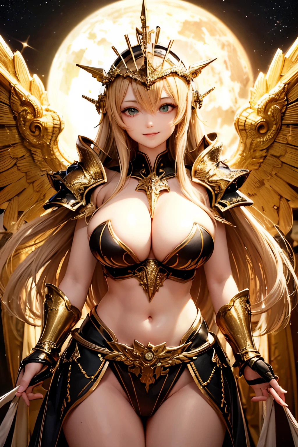 Ultra HD、Ultra-clear、White and beautiful translucent skin、Beautiful and well-proportioned face、Cute smile、Sagittarius Warrior、Covered entirely in golden armor、Holy knight in golden armor、Golden Tiara、Golden armor with ornate carvings covering the entire body、Heavy golden armor、Translucent beautiful green eyes、Blonde、Big Breasts、Outer space background、