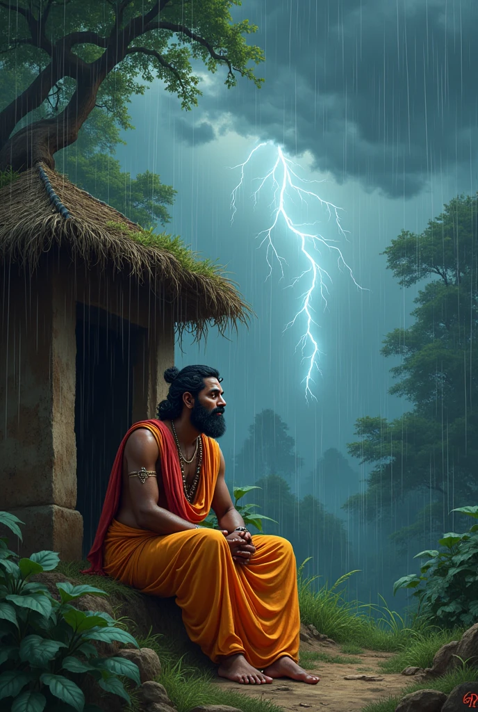 Lord Ram with proper vastra sitting in jungle outside his hut worried whole thunder and rain is pouring 
