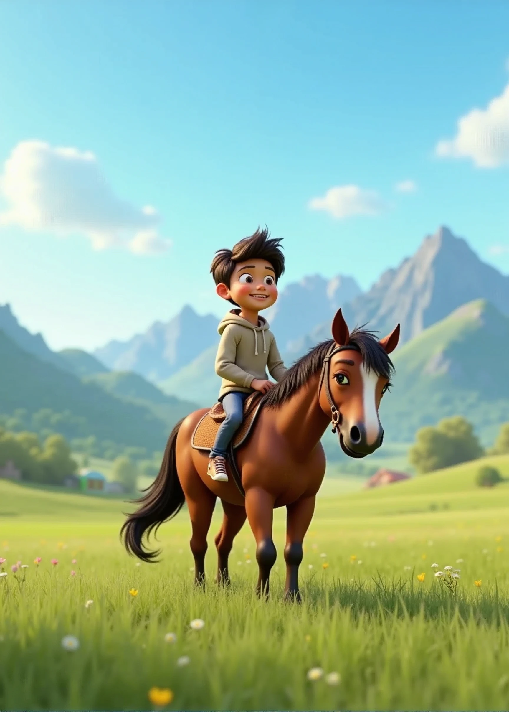 Create a detailed 3D animation of a boy sitting on a brown horse. The boy should be dressed in casual clothes and appear relaxed and happy.. The horse is robust and healthy looking., with a shiny coat. The scene should be set in an open field with green grass and mountains in the background., under a blue sky with few clouds. The animation should capture the natural movement of the horse and the boy., with the horse walking at a gentle pace and the boy moving slightly, as if he was enjoying the ride.
