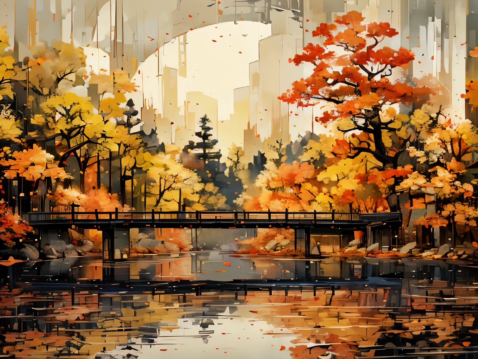 autumn、(((forest)))、red、((Fallen leaves))、Beautiful Landscape画,  Claude Monet, palette knife,　((There is no one))、((No bridges))、(((There are no buildings))))、Background only、Colorful，Beautiful Landscape、evening、redい空、art、autumn leaves、((Close-up on the tree))、