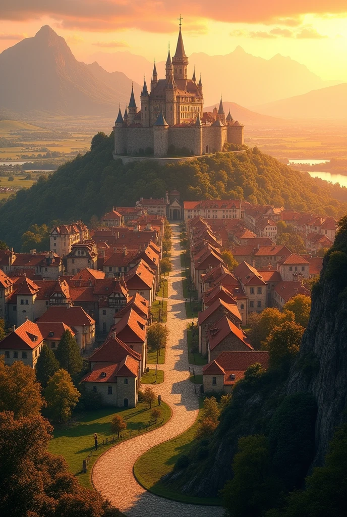 A grand, expansive kingdom inspired by French villages from around 100 years ago, viewed from a distant mountain peak during a golden sunset. The vast kingdom stretches across the horizon, with a majestic palace at its heart, its towering spires rising above the surrounding landscape. The palace is encircled by charming houses with red-tiled roofs and stone walls, along with market squares, schools, ponds, and lakes that catch the light of the setting sun. Cobblestone streets radiate outward from the palace, connecting vibrant marketplaces, peaceful parks, and residential areas. The landscape is rich with rolling hills and valleys, and the scene exudes a sense of balance and grandeur, with the palace as the focal point, all under a sky painted with warm orange and pink hues.