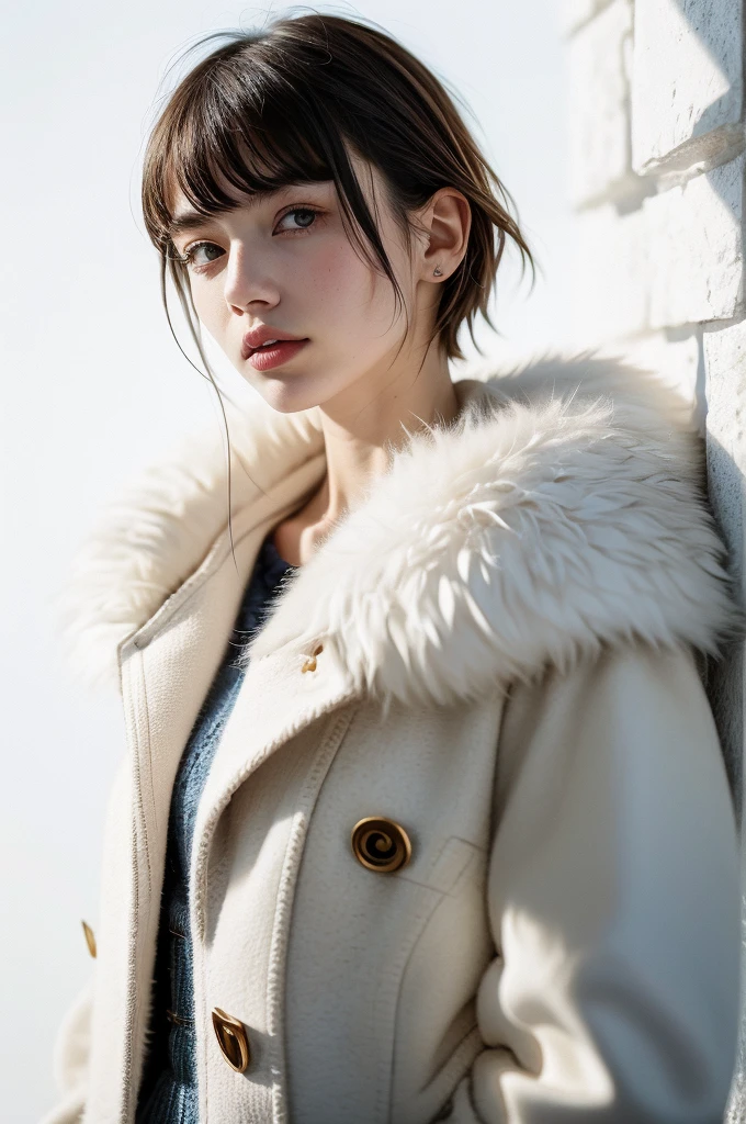 Instagram Photos, French woman, 21 years old, square hair cut,White fur, Tweed jacket, Neckline, pale, Sharp Shadow,whole body,Pure white background