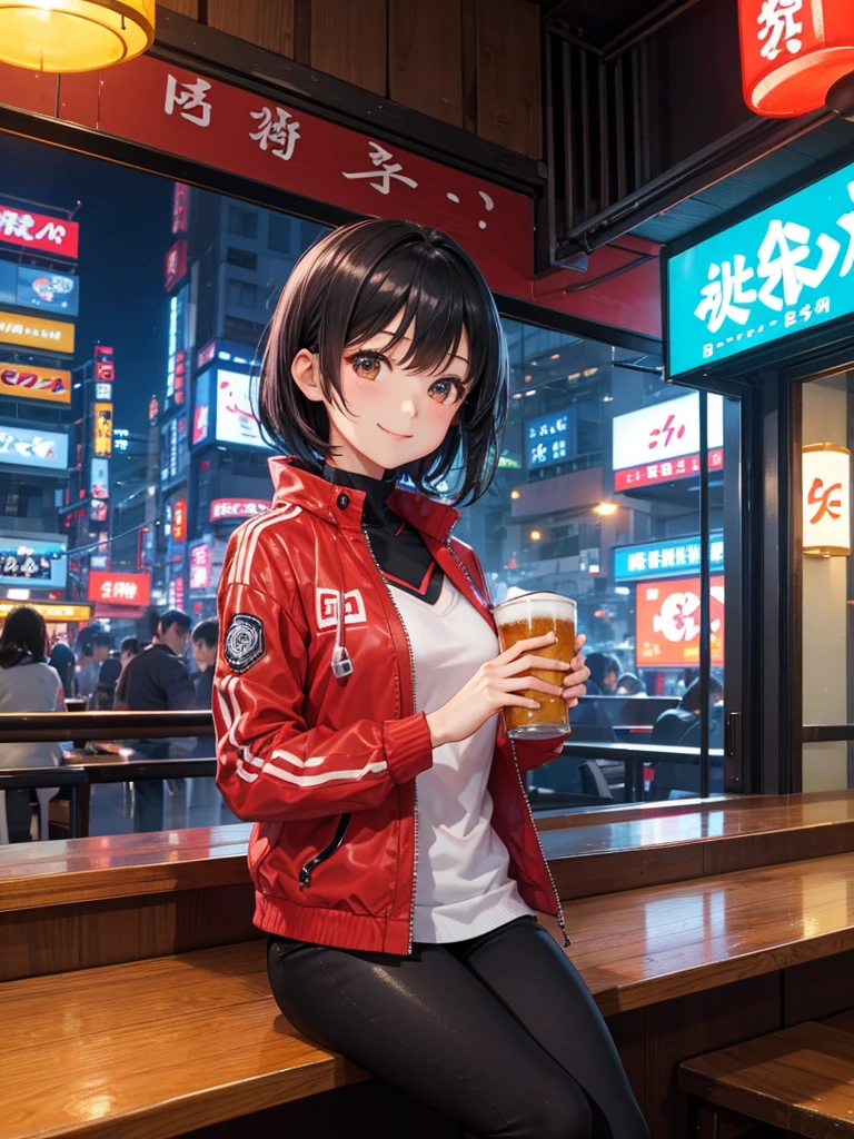 masterpiece, best quality, 1girl, Misato Katsuragi, dark hair, red coat, skirt, (at the bar drunk, happy:1.2), holding a beer, <lora:evangelion_anime_style_offset:1>,