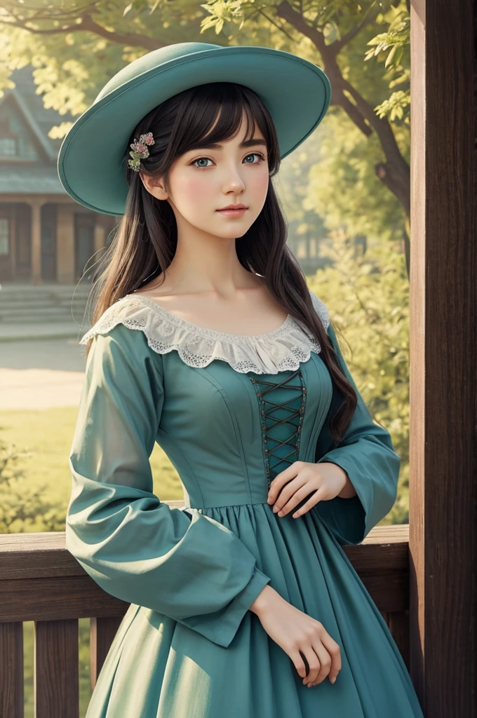 High quality, 8K), (watercolor paiting, Soft light),Transparent green eyes, Detailed face, detailed eyes, soft anime illustration, ethereal beauty, Beautiful Anime Portrait, Stunning anime face portrait, Woman in blue dress and hat standing in front of house, artwork in the style of guweiz, in the art style of bowater, beautiful character painting, Beautiful illustration, romanticism art style, dreamy and detailed, beautiful drawing style, a beautiful artwork illustration, with victorian clothing, beautiful anime art style,