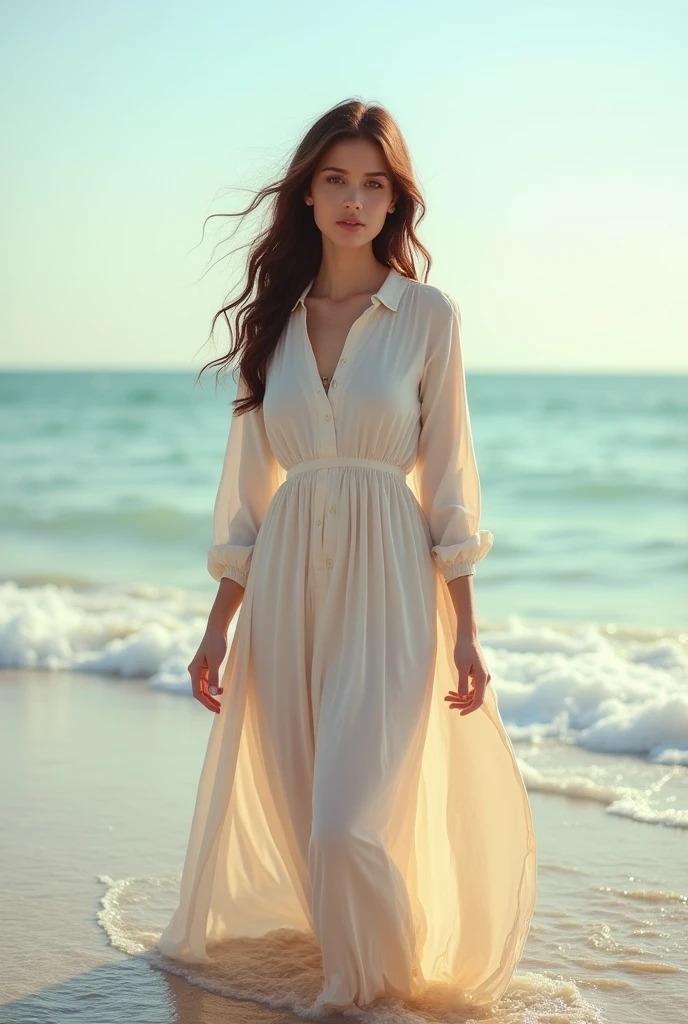 A 25-year-old woman who bears a striking resemblance to Ayeza Khan, with fair skin, hazel eyes, and charming dimples, is standing on a beach. She is wearing a stylish, modest Western dress with no skin showing, and she is gently dipping her feet into the water. The background features a serene beach scene with gentle waves lapping at the shore and a clear, sunny sky."