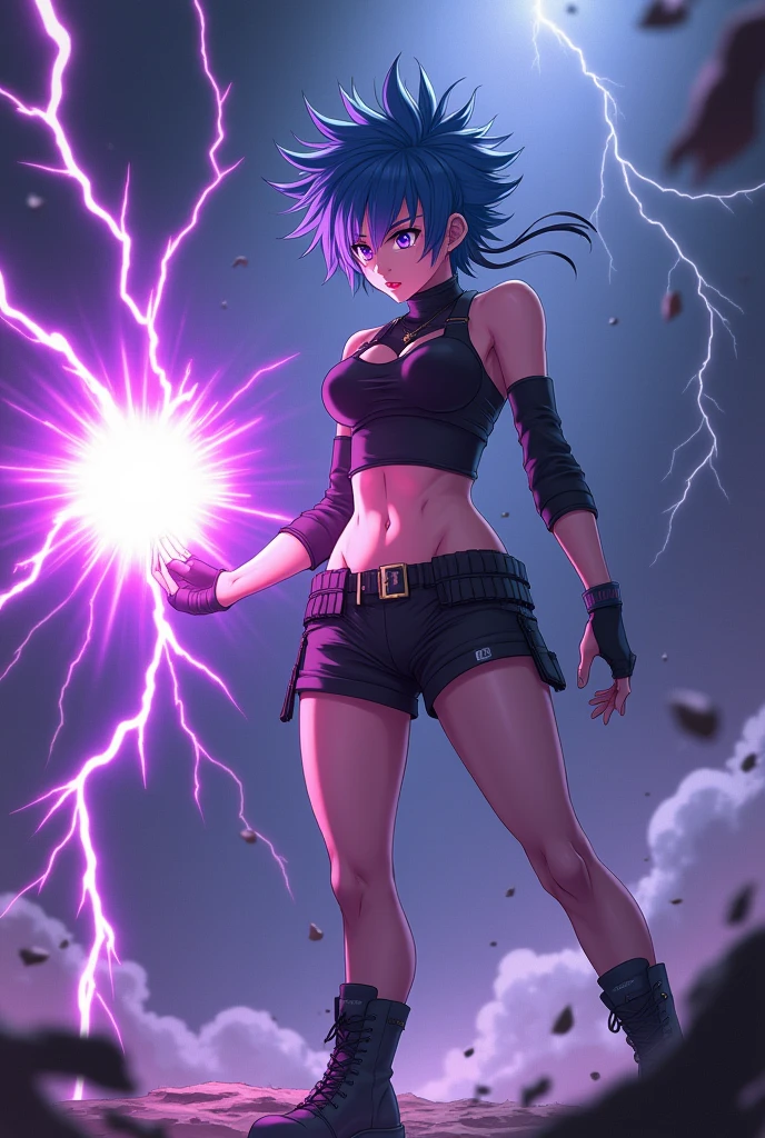 In a dynamic anime-style scene, the woman with spiky blue hair and striking purple eyes stands confidently, her presence exuding power and intensity. She wears a black tube top crop top with turtleneck details, paired with black sport shorts and combat boots, perfectly suited for battle. In one hand, she channels a glowing ball of purple lightning dream energy, which crackles with electric energy. Her pose is assertive and fierce as she unleashes the lightning dream blast towards her target, the energy arcing through the air with raw power. The dramatic lighting in the background highlights the intensity of the blast, emphasizing her strength and commanding presence as she dominates the scene