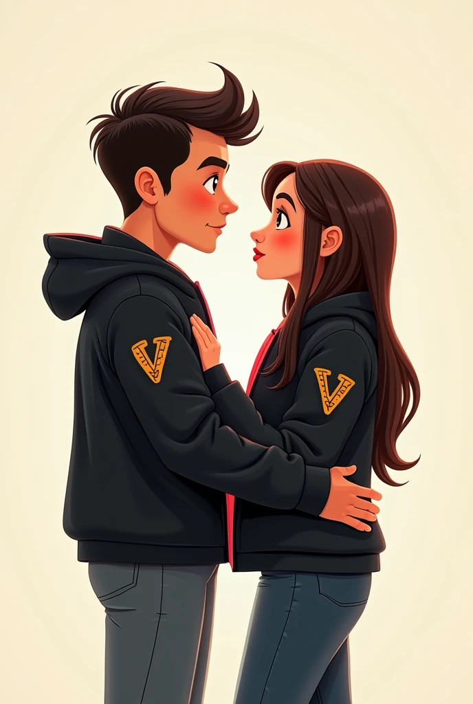 Animated man and woman couple, with Andrés and Valentina's initials on their black jackets