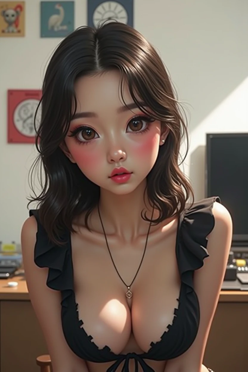 (Best Quality, 8k, High resolution, photorealistic:2.0), (Alone, A girl:2.0),(photo taken with flash:1.9),(illuminate the topic:1.8),(Ultimate Beautiful Girl:2.0),(shiny skin),(oily skin),(by rubio:1.7),(short hairstyle:1.5),(fresh beauty:2.0),Blush Brown Makeup , dark eye makeup , Wear bright pink lipstick,(girl with big bright eyes:1.5),(droopy eyed girl:1.5),(blue eyes:1.5),(thin girl:1.5),( face),(sexual attraction),(sweet smelling girl),(A girl que trabaja a tiempo parcial en un museo de arte.:1.3),(she works for low wages:1.5),(kind hearted woman:1.5),(ella tiene una Nice smile:1.3),(woman with a happy look:1.3),(She is very sociable),(from a very poor family:1.5),(virgin girl),(She is a secret pervert..),(she covertly lascivious),(she looks so erotic),(Preserving virginity for devout Christians),chuuChloe,(A woman with very soft breasts.),(woman fantasizing about sex),(seduction),(masturbation enthusiast:1.5),(stunning eyes:1.5),(clean girl),(affability),(fitted dress shirt),(Nice smile),(open mouth),(Hang)