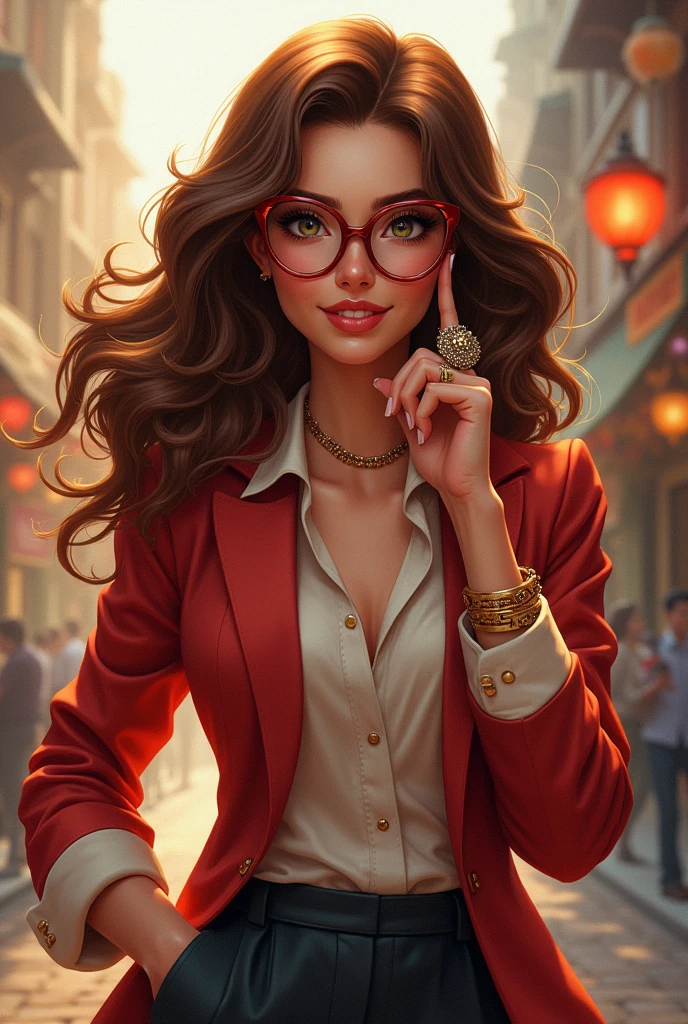 30 year old business woman beautiful with brown hair stylish lots of rings and fun glasses disney style character