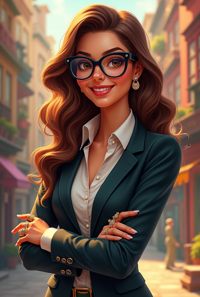 30 year old business woman beautiful with brown hair stylish lots of rings and fun glasses disney style character