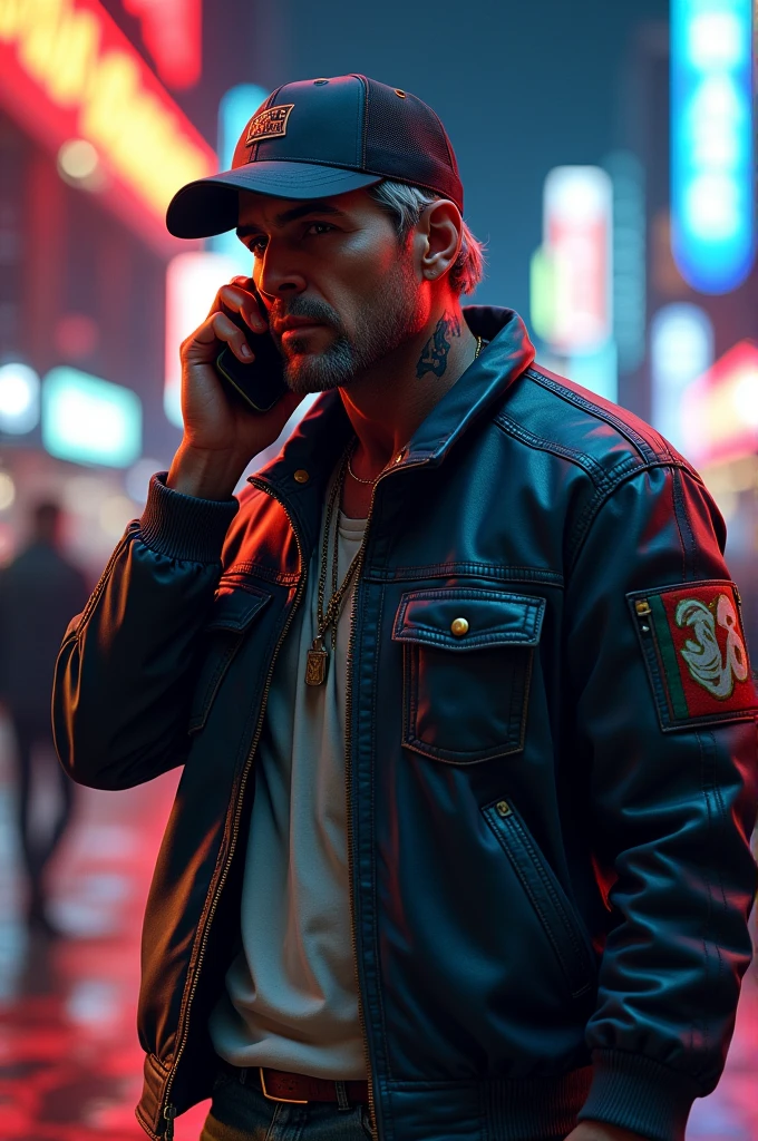 Create a character in the style of GTA V holding a phone