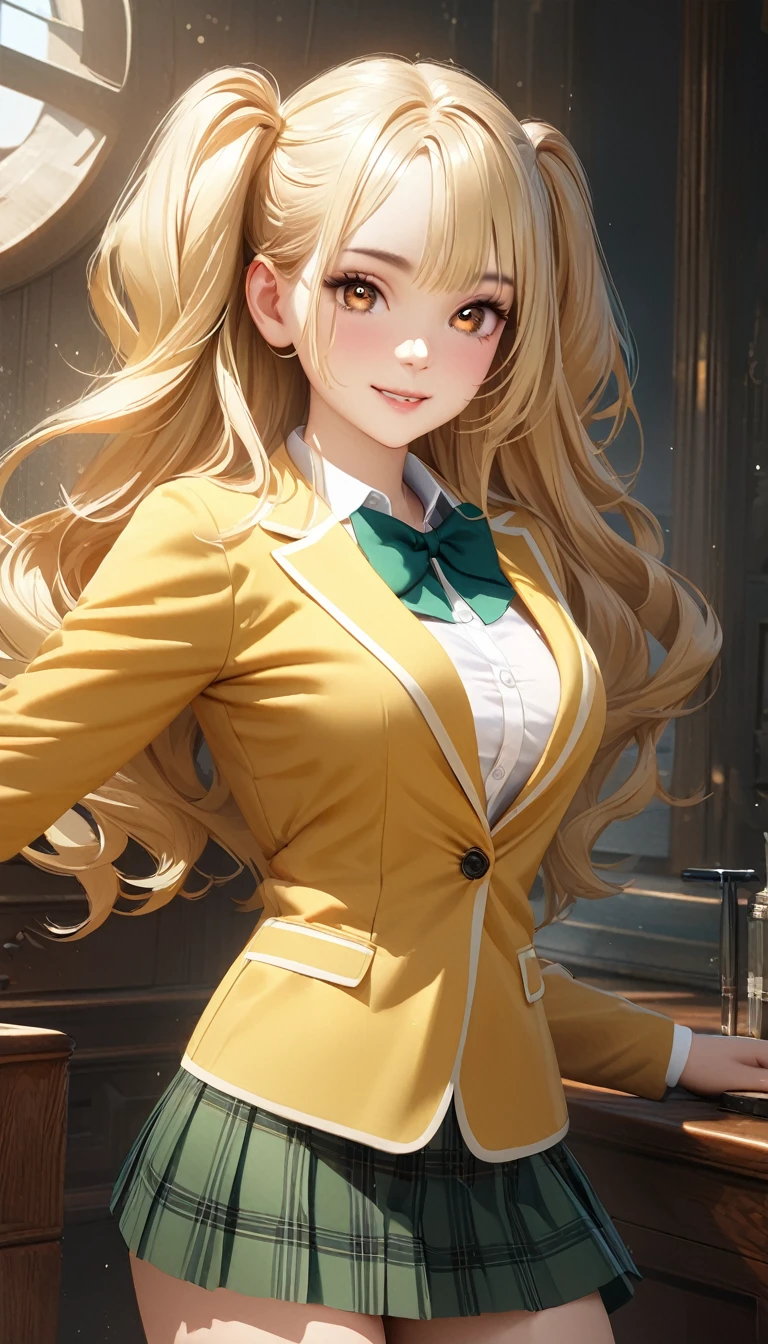 (masterpiece,ultra-detailed,best quality,8K,CG,realistic,illustration:1.2),(perfect-composition,detailed beautiful face,Clean skin,photographical skin,shiny skin,shiny hair, photographical hair,ultra detailed eyes,shaved,kawaii,uncensored:1.1),smile,long hair,twin tail, 1girl, solo, long hair, blonde hair,brown eyes,winter school uniform, green bowtie, white shirt, yellow blazer, buttoned blazer,plaid skirt, green skirt,thigh,from front,cowboy shot,arms behind,standing posture