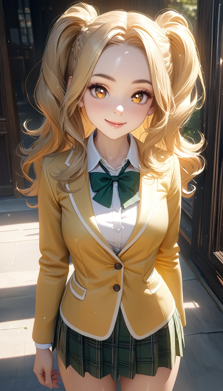 (masterpiece,ultra-detailed,best quality,8K,CG,realistic,illustration:1.2),(perfect-composition,detailed beautiful face,Clean skin,photographical skin,shiny skin,shiny hair, photographical hair,ultra detailed eyes,shaved,kawaii,uncensored:1.1),smile,long hair,twin tail, 1girl, solo, long hair, blonde hair,brown eyes,winter school uniform, green bowtie, white shirt, yellow blazer, buttoned blazer,plaid skirt, green skirt,thigh,from front,cowboy shot,arms behind,standing posture