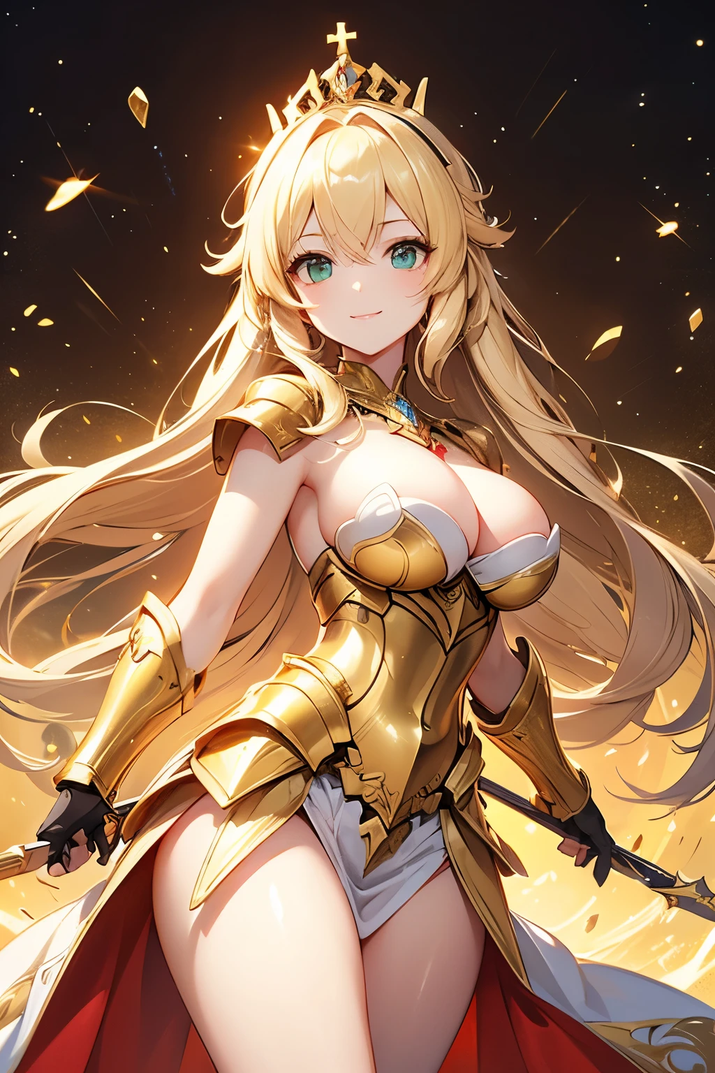 Ultra HD、Ultra-clear、White and beautiful translucent skin、Beautiful and well-proportioned face、Cute smile、Sagittarius Warrior、Covered entirely in golden armor、Holy knight in golden armor、Golden Tiara、Golden armor with ornate carvings covering the entire body、Heavy golden armor、Translucent beautiful green eyes、Blonde、Big Breasts、Outer space background、