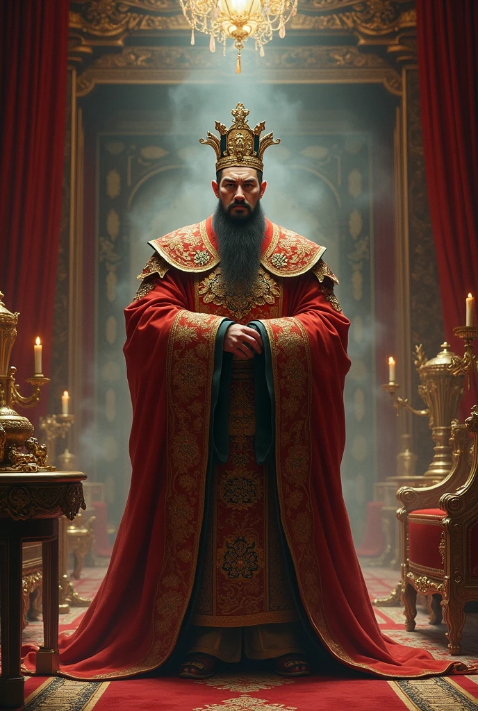 The room is richly decorated, but the atmosphere is tense and filled with the tragic irony of his pursuit of eternal life. Chinese king