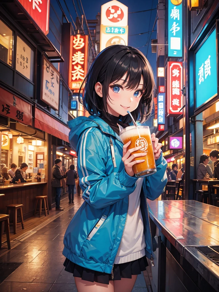 In the futuristic city of Tokyo, Inside a cozy, modern izakaya, Cheerfully holding a frosty mug of draft beer in both hands. she is smiling brightly, Her face shining with happiness. The city's neon lights and the izakaya's vibrant signboards are reflected in the glass windows. The girl has short black hair, Properly styled, and、Sporting a stylish jacket and shimmering accessories、A casual outfit with a touch of futuristic elements. The atmosphere around her is warm, Vibrant, and満ち溢れる喜び.