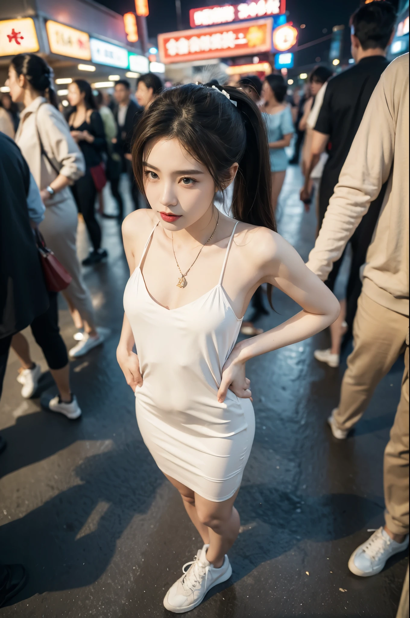 (((best quality))),(((ultra detailed))),(((masterpiece))),illustration,((1 beautiful girl,female cashier,solo)),(short ponytail:1.2),((slim,thin)),((small breasts,flat chest)),(slip dress:1.3),(slender legs:1.2),(sneakers:1.2),(standing:1.3),dimly lit,soft glow,shelves,snacks,drinks,necessities,air conditioning,breeze,elegance,grace,vibrant red lipstick,crisp,delicate necklace,sparkling pendant,calmly,warm smile,inviting,poise,unaffected,hustle and bustle,city life,convenience store,haven,weary souls,relentless heat,resilient spirit,(indoor:1.2),(night scene:1.3),((from front,full body)),(surrounded by crowded crowds:1.3)