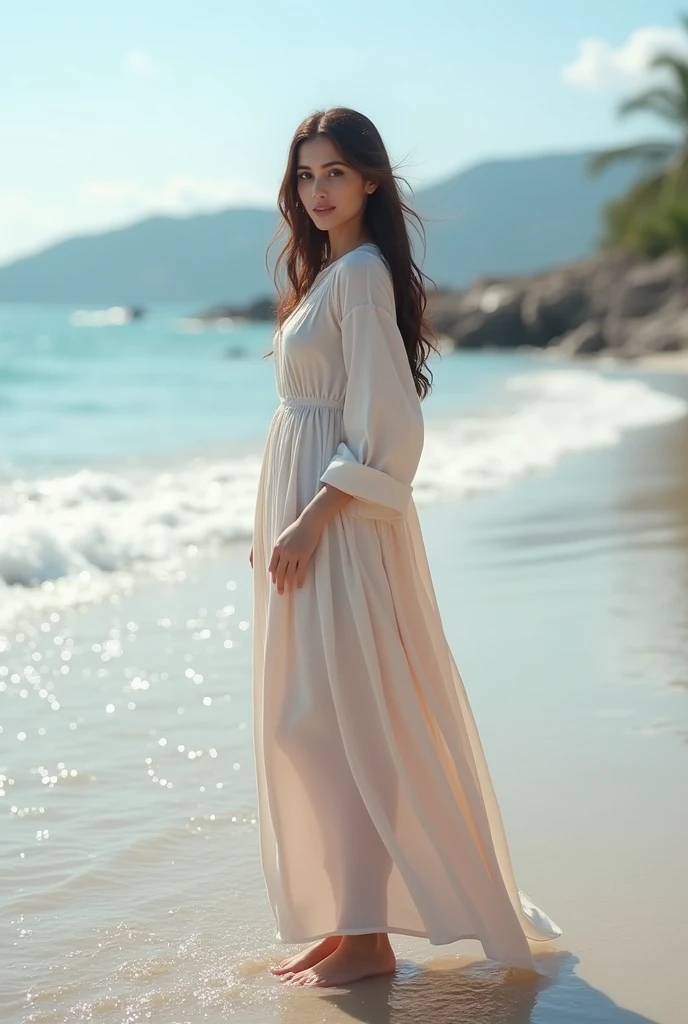 A 25-year-old woman who bears a striking resemblance to Ayeza Khan, with fair skin, hazel eyes, and charming dimples, is standing on a beach. She is wearing a stylish, modest Western dress with no skin showing, and she is gently dipping her feet into the water. The background features a serene beach scene with gentle waves lapping at the shore and a clear, sunny sky."