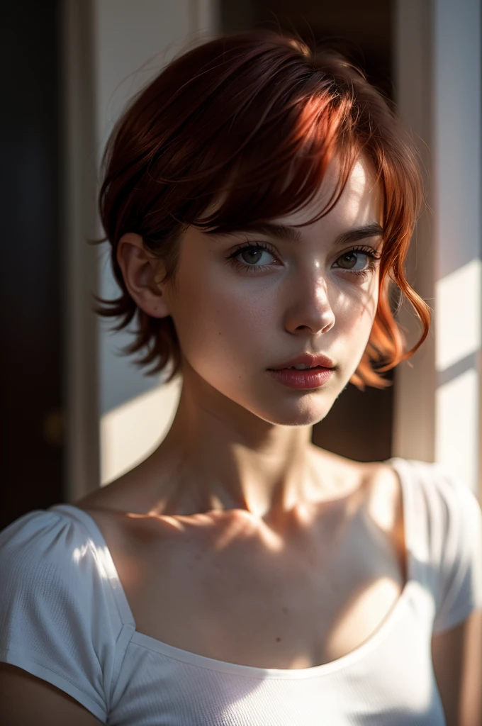 Instagram Photos, French woman, 21 years old, square hair cut,Redhead, Drape shirt, Neckline, pale, Sharp Shadow,whole body