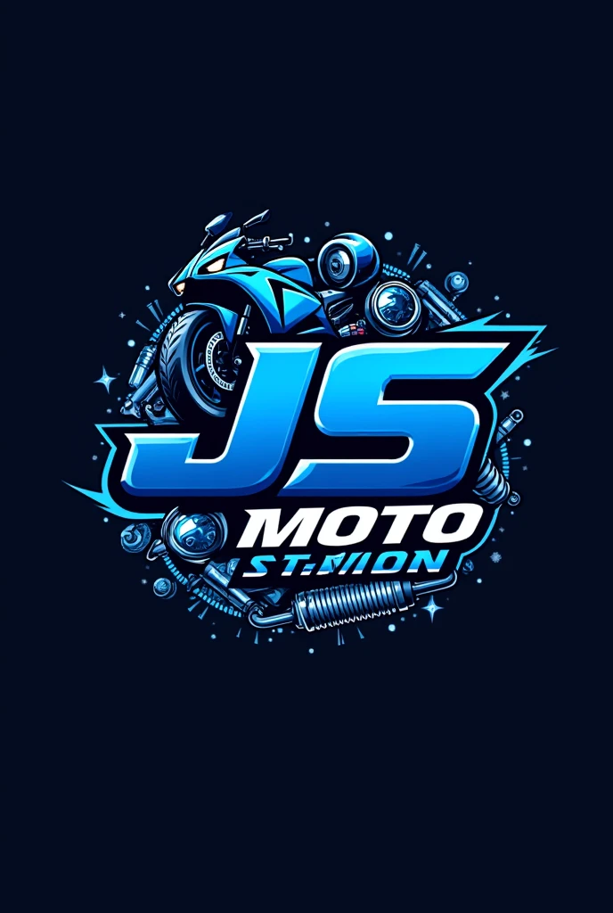 Logo named "JS MOTO TRADING", color blue, background are motor part like tires, odo meter, headlights, shock
