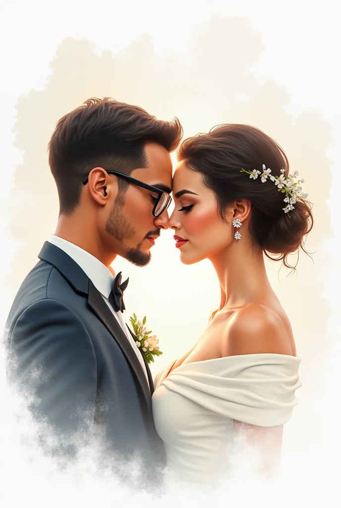 A light Brazilian bride ,wearing boat neck dress, and light black Brazilian broom that doesn't haver beard nor mustache too,wearing glasses. The whole draw made of watercolor and without so many facial details