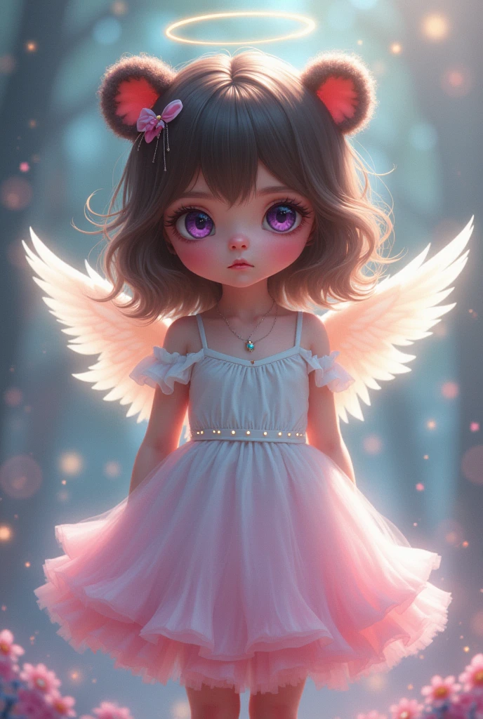 A girl with bear ears,The color of her hair is brown,the eyes are dark purple and bright,with a beautiful dress the bottom part is pink and the top part is white and with angel wings and with a