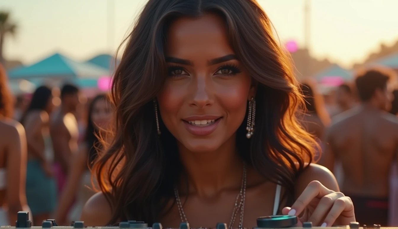 A glamorous Indian Bollywood female DJ stands confidently on the beach, It's Raining. surrounded by flashing neon lights and a live audience, wearing a white top, paired with a pair of high heels and statement silver jewelry, her long, dark brown hair cascading down her back, her bright brown eyes twinkling with confidence, her full lips curved into a subtle smile, her smooth, golden-brown skin glowing with a subtle sheen, as she expertly spins a vinyl record on a sleek, silver DJ console, the turntables and mixer gleaming in the spotlight, the overall atmosphere electric and vibrant, with a dash of Bollywood flair.