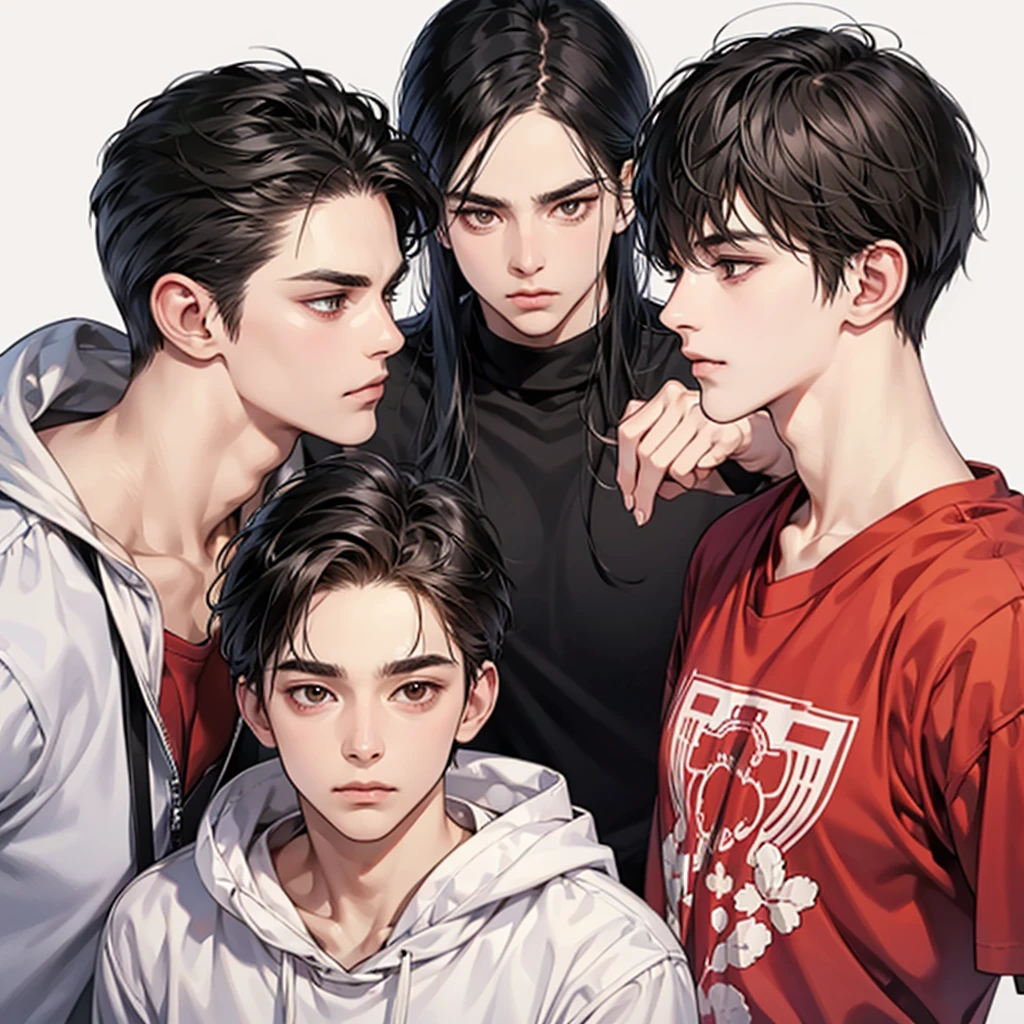 Four boys, black hair, brown eyes, Sharp features, white skin, perfect, t-shirt, simple background, Stationary face, shut your mouth, handsome, cool, Stand in line, friend