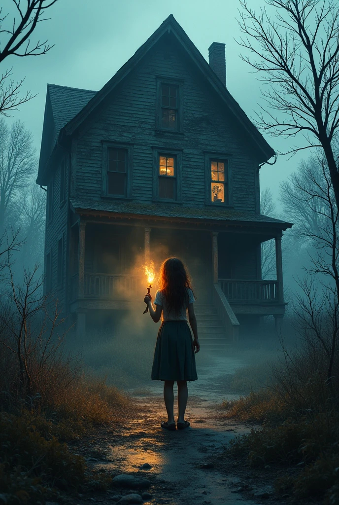 A haunted forgotten house ,a girl standing infront of it with a torch