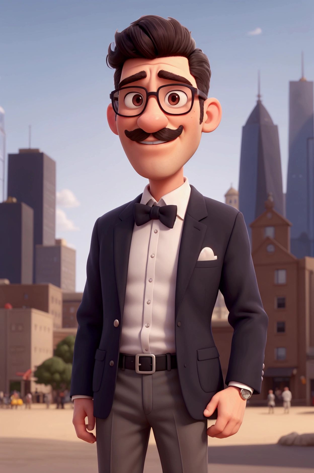 White man, 50 years old, slender body, black hair, short cut, hairstyles with fixing gel back, well-defined mustache in the color of his hair, a mole on his right cheek, between the nose and the mustache, the size of a small ewe, wearing black-rimmed glasses with clear lenses, wearing a formal shirt and an elegant navy blue blazer, he displays a captivating smile with his left hand making a positive sign, in the background a city with blurred buildings and the edge of a beach