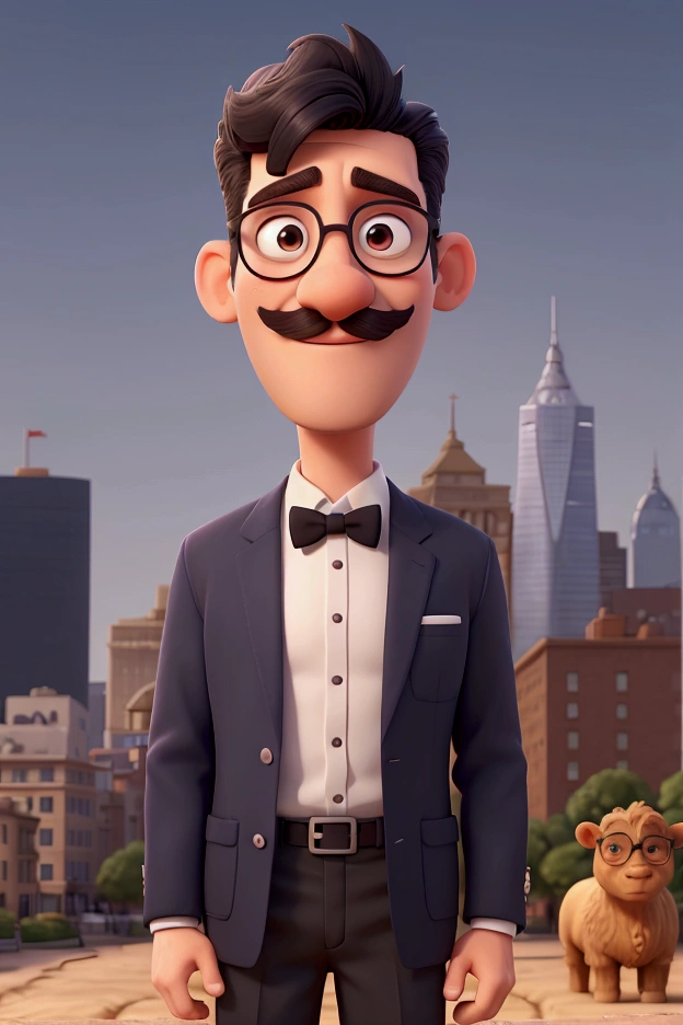 White man, 50 years old, slender body, black hair, short cut, hairstyles with fixing gel back, well-defined mustache in the color of his hair, a mole on his right cheek, between the nose and the mustache, the size of a small ewe, wearing black-rimmed glasses with clear lenses, wearing a formal shirt and an elegant navy blue blazer, he displays a captivating smile with his left hand making a positive sign, in the background a city with blurred buildings and the edge of a beach