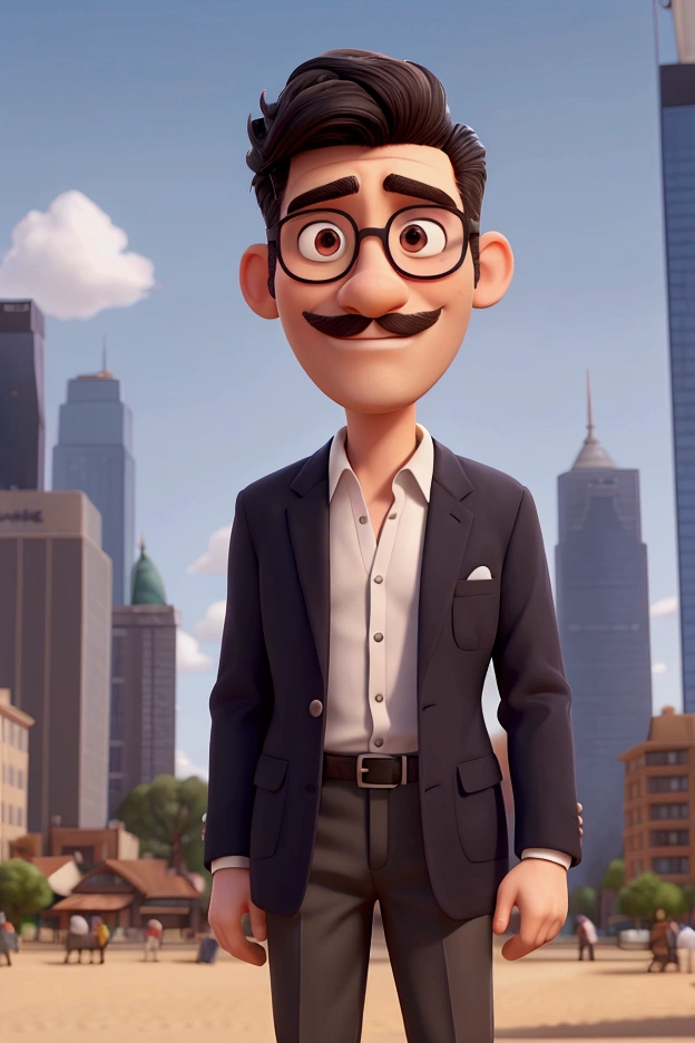 White man, 50 years old, slender body, black hair, short cut, hairstyles with fixing gel back, well-defined mustache in the color of his hair, a mole on his right cheek, between the nose and the mustache, the size of a small ewe, wearing black-rimmed glasses with clear lenses, wearing a formal shirt and an elegant navy blue blazer, he displays a captivating smile with his left hand making a positive sign, in the background a city with blurred buildings and the edge of a beach