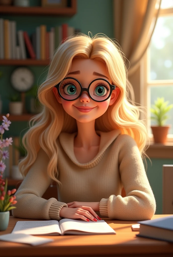 35 year old skinny woman with long blonde hair in a sweater at her office blue eyes and glasses disney character style