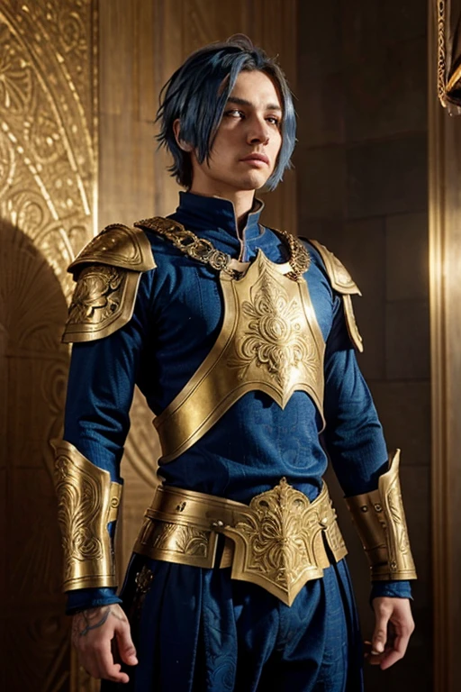 A young short-haired warrior, Flowing blue hair stands tall with confidence, He wore intricately detailed golden armor with ornate engravings.. His armor shines with metallic gold and dark blue hues.., Giving a regal and mystical appearance. He has a calmness, Expression. The background is textured., Neutral colored surface that contrasts with its lively appearance.. The overall atmosphere is both heroic and ethereal... golden crown 