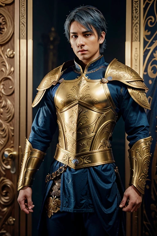 A young short-haired warrior, Flowing blue hair stands tall with confidence, He wore intricately detailed golden armor with ornate engravings.. His armor shines with metallic gold and dark blue hues.., Giving a regal and mystical appearance. He has a calmness, Expression. The background is textured., Neutral colored surface that contrasts with its lively appearance.. The overall atmosphere is both heroic and ethereal... golden crown 