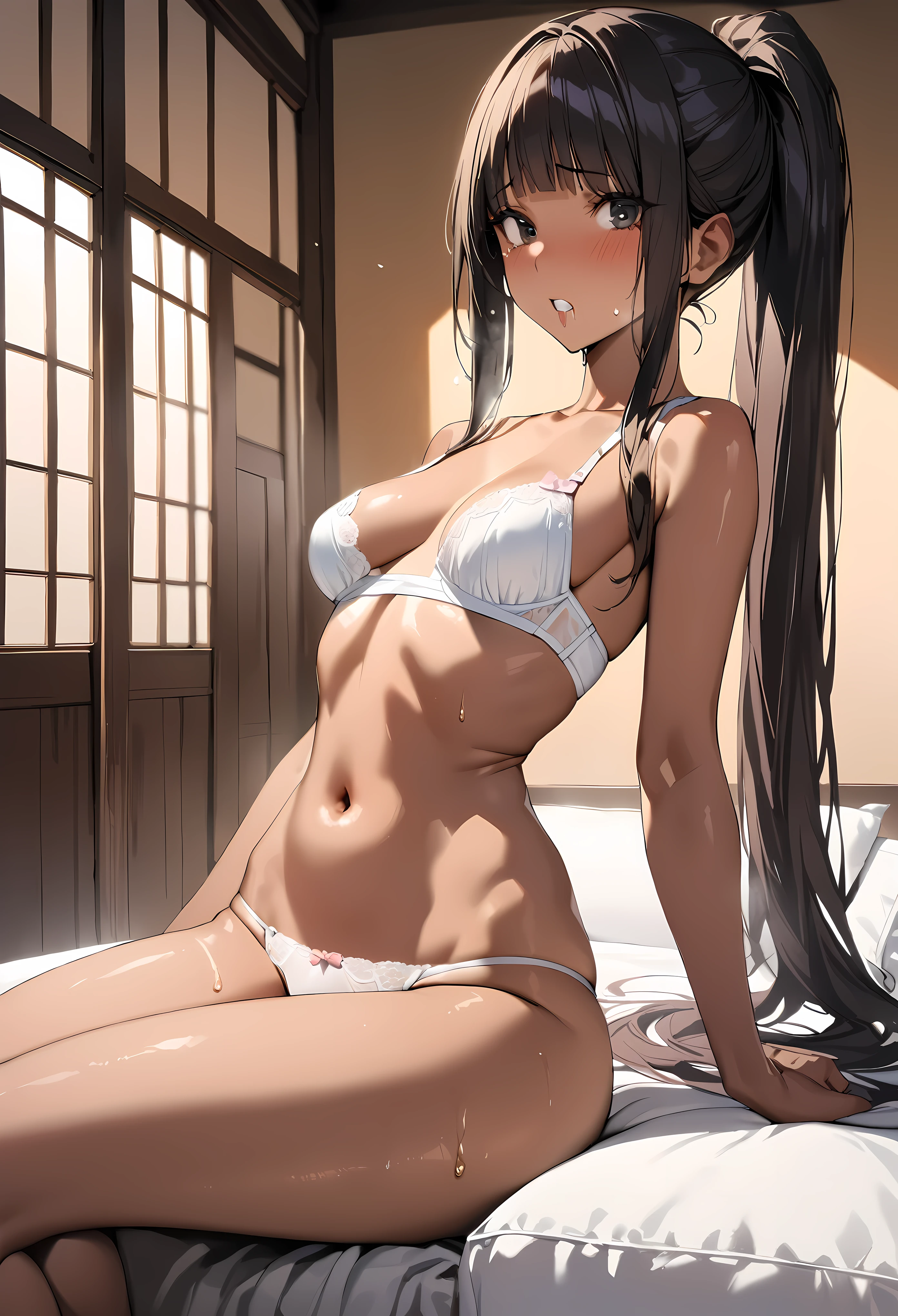 ((masterpiece,best quality anime,Highest quality:1.3)),realistic,cowboy shot,(25 year old beauty),Female Ninja,1woman,solo,((very small head:1.4)),((very long body:1.3)),black hair,bangs,long ponytail hair,gorgeous big eyes,black eyes,tears,drooling,(tan skin:1.5),((White bra,navel,White panties、Love juice)),((slender body:1.3,skinny)),medium breasts,gleaming skin,shiny skin,sweat,sitting,spread legs:1.3,White bedding、Japanese-style house、nsfw,