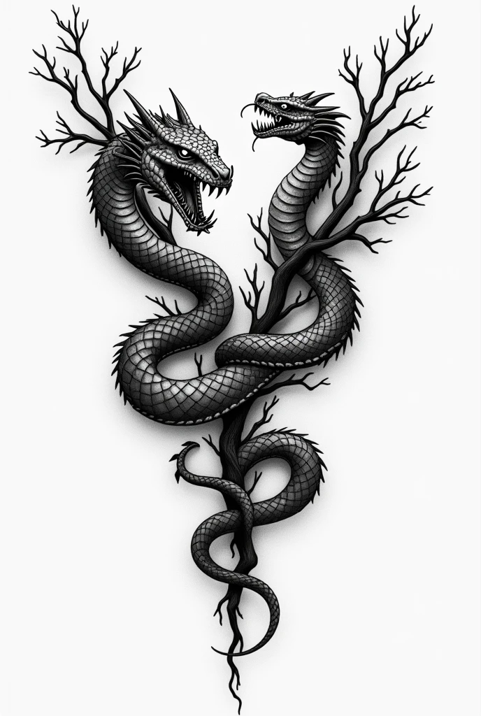 Tattoo design where on the left side of a woman's collarbone a snake is winding around branches and hissing where you can see fangs and on the right side a baby dragon which also winds around branches and hisses where you can see teeth the whole thing in black and white 