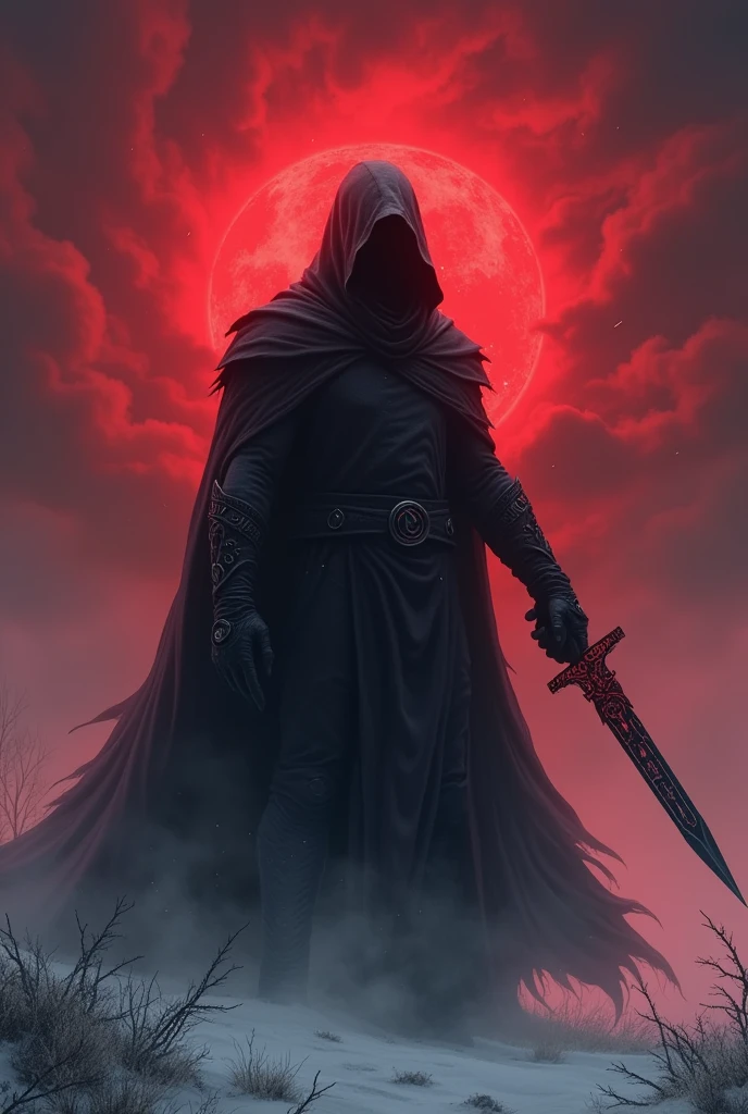 Create a scene where a cloaked villain stands imposingly with his black sword amidst a rain of red clouds on the snow.