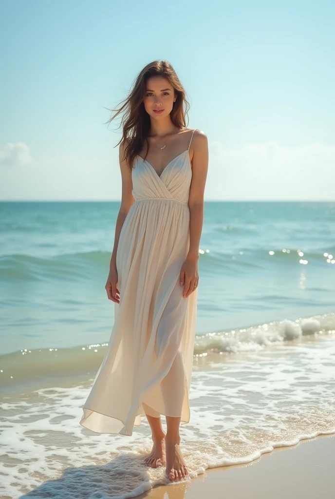 A 25-year-old woman who looks like Ayeza Khan, with fair skin, hazel eyes, and charming dimples, is standing on a beach. She is wearing a stylish, modest Western dress with no skin showing, and she is gently dipping her feet into the water. The background features a serene beach scene with gentle waves lapping at the shore and a clear, sunny sky."