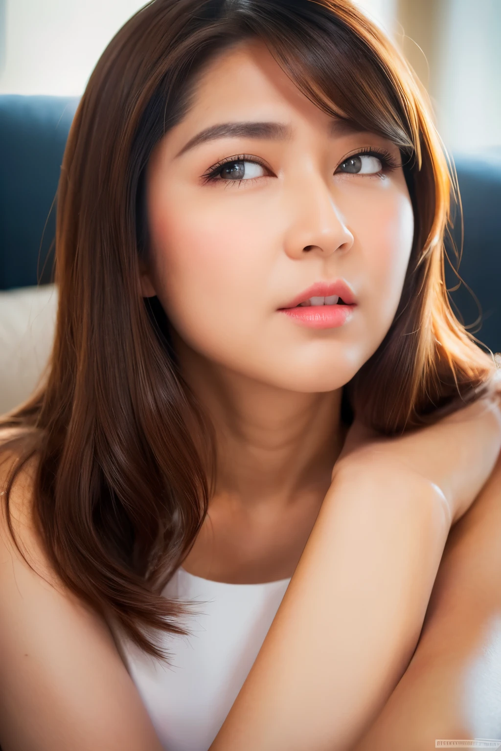 sitting on sofa, miniskirt, crop top, ahoge, clothing cutout, looking at camera, front view, long hair, bangs, (detailed face), at livingroom, tempting pose, potrait body, mouth closed, light smile, black eyes, 1 girl, 20yo,Young female,Beautiful Finger,Beautiful long legs,Beautiful body, Beautiful Nose,Beautiful character design, perfect eyes, perfect face,expressive eyes,perfect balance, (looking at viewer),extremely detailed CG unity 8k wallpaper, White skin, (masterpiece:1.0), (best_quality:1.0), ultra high res,4K,ultra-detailed, photography, 8K, HDR, highres, absurdres:1.2, Kodak portra 400, film grain, (vibrant_color:1.2),professional photograph, (Beautiful,huge_Breasts:1.4), (beautiful_face:1.5),(narrow_waist)