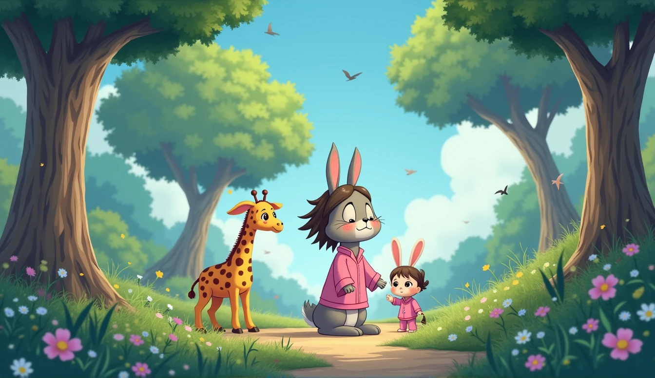 sad hare sits under the tree, and a little plush giraffe and a little cartoon girl in pink pajamas stand next to a hare