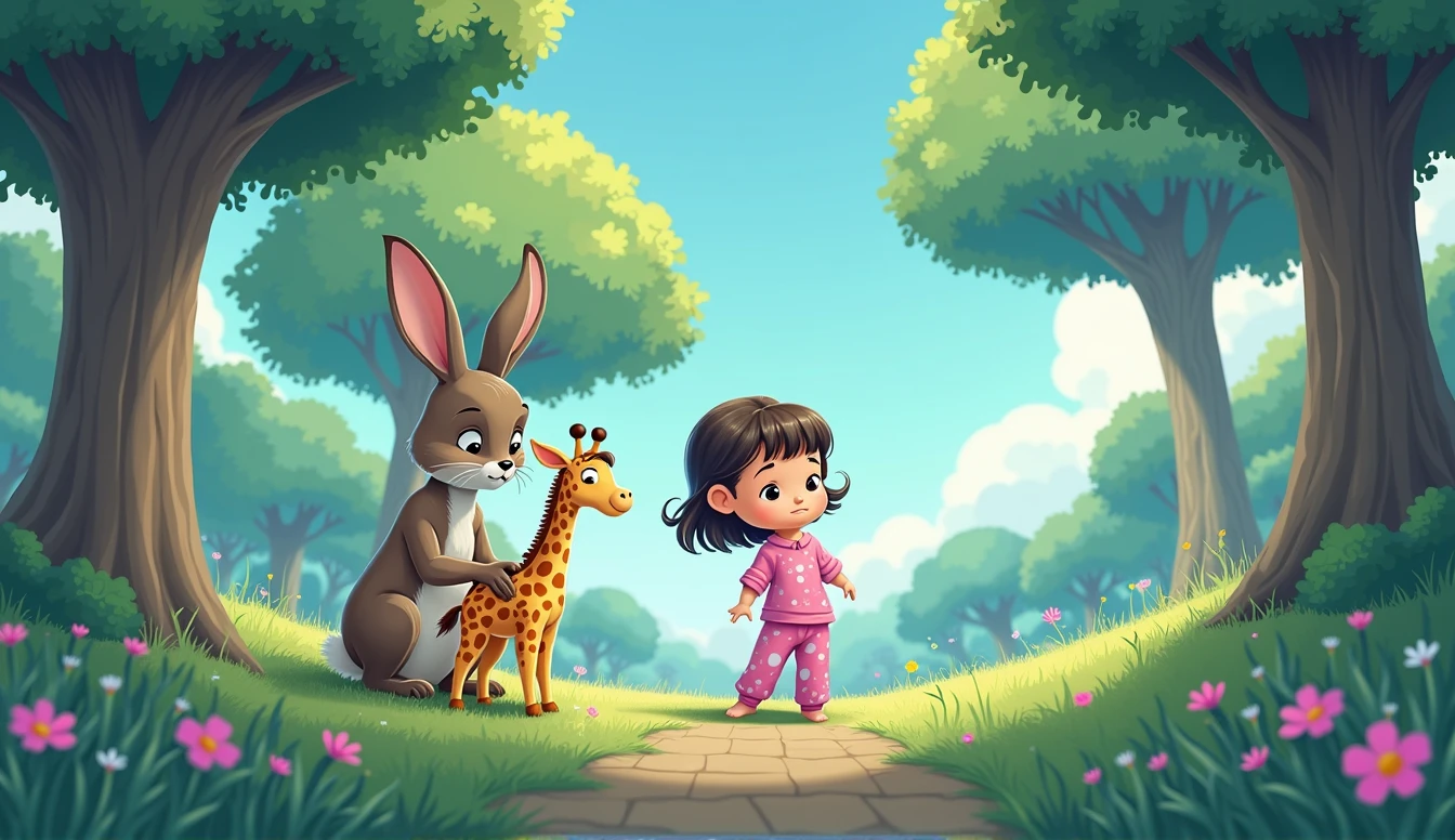 sad hare sits under the tree, and a little plush giraffe and a little cartoon girl in pink pajamas stand next to a hare
