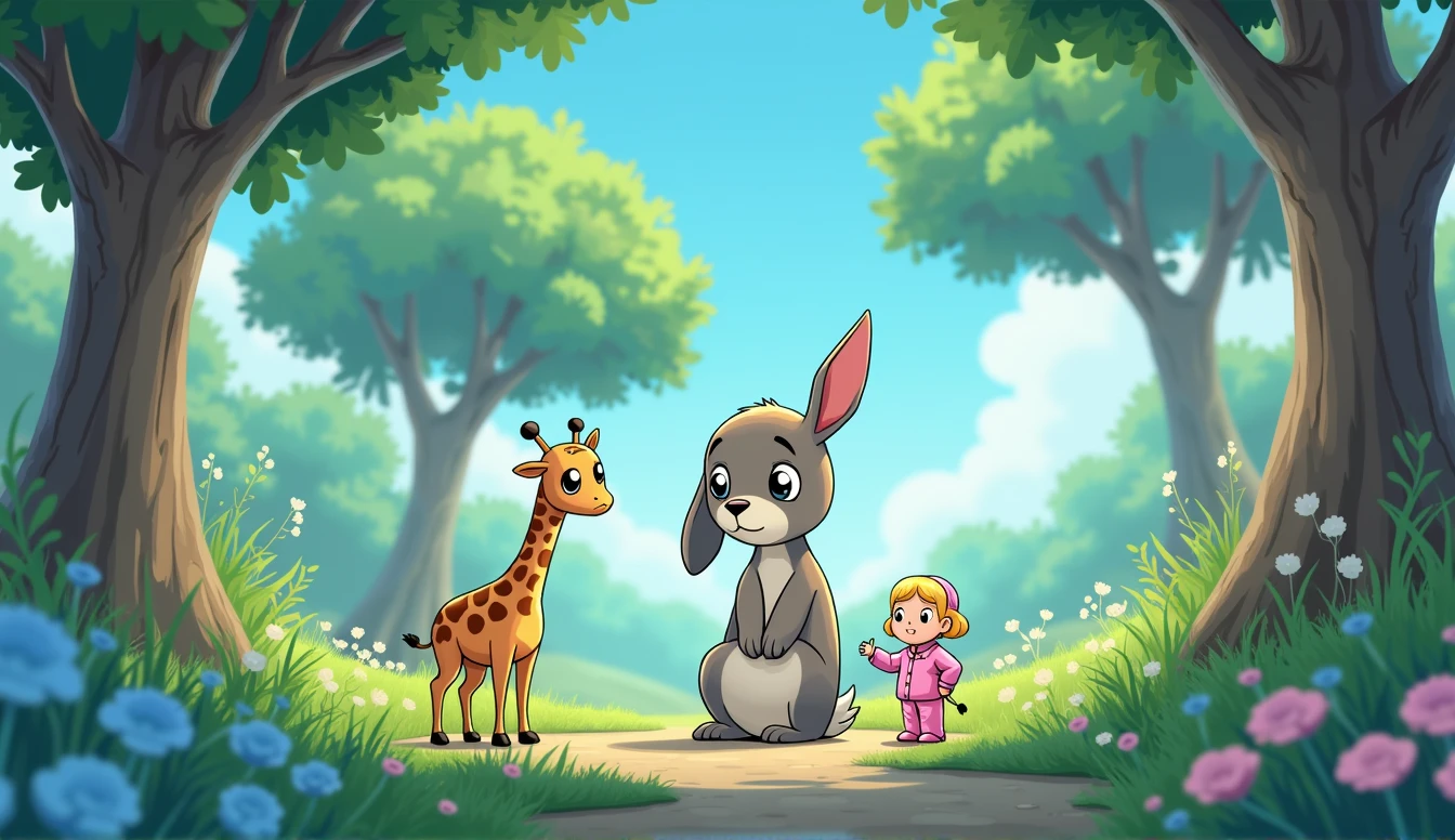 sad hare sits under the tree, and a little plush giraffe and a little cartoon girl in pink pajamas stand next to a hare