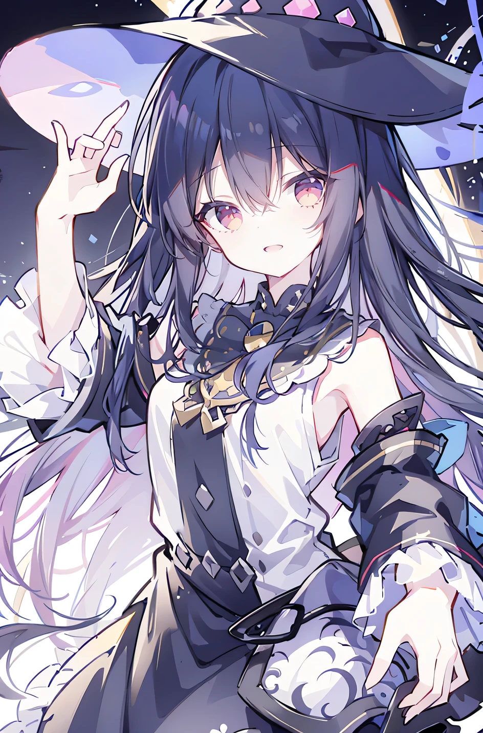 oung Girls,Humanity,A magician always smiles,big witch hat,cute,dark blue long hair,The eyes are dull,The bangs are heavy,Thin eyebrows,fantasy,intake,Double teeth,Star Theme,Constellation pattern,Solid color clothetal decoration,cloak,A bit of a dark atmosphere,A little crazy smile,When the big moon shines outside at night,blood,Hair black star embellishment,Short tie,No nails,High waist skirt,Bell sleeves,Long-sleeved shirt,Black tie,low risk,gentlemen。Mist、Yellow and white effect，Shocking pink as an accent color