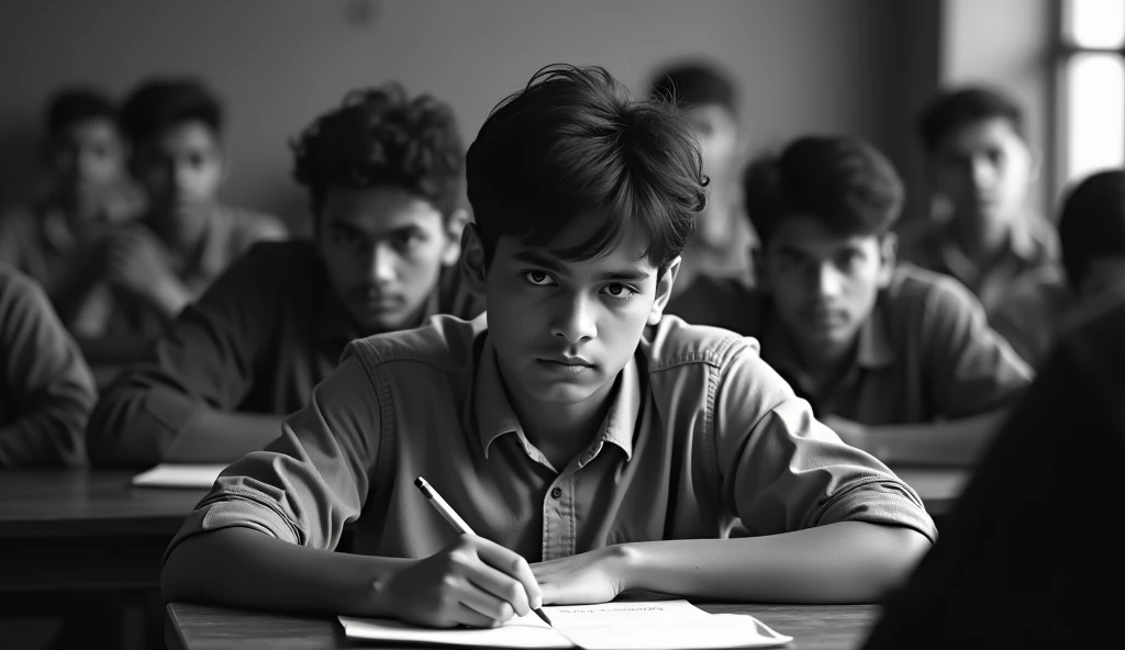 A 17-22-year-old boy is sitting in a classroom and reading the question paper, and his eyes are on the paper, there are 30 to 40 other people behind him, and the scene is blurred. Indian environment. And it is dark black and white